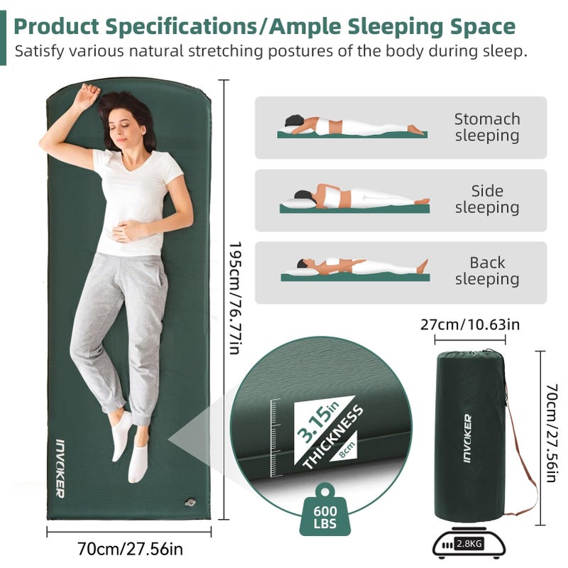 INVOKER 3.15" Self Inflating Camping Sleeping Pad, Ultra-Thick Elasticity Foam Fast Inflating 4-Season Insulated Durable Camping Mat Air Mattress with Pillow, for Tent, Car, Camping, Traveling, Green - Image 5